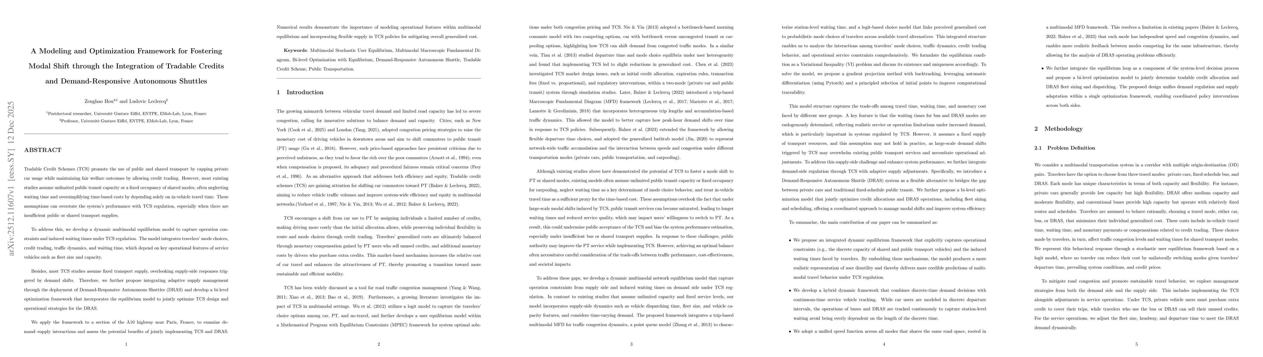 Thumbnail for A Modeling and Optimization Framework for Fostering Modal Shift through the Integration of Tradable Credits and Demand-Responsive Autonomous Shuttles