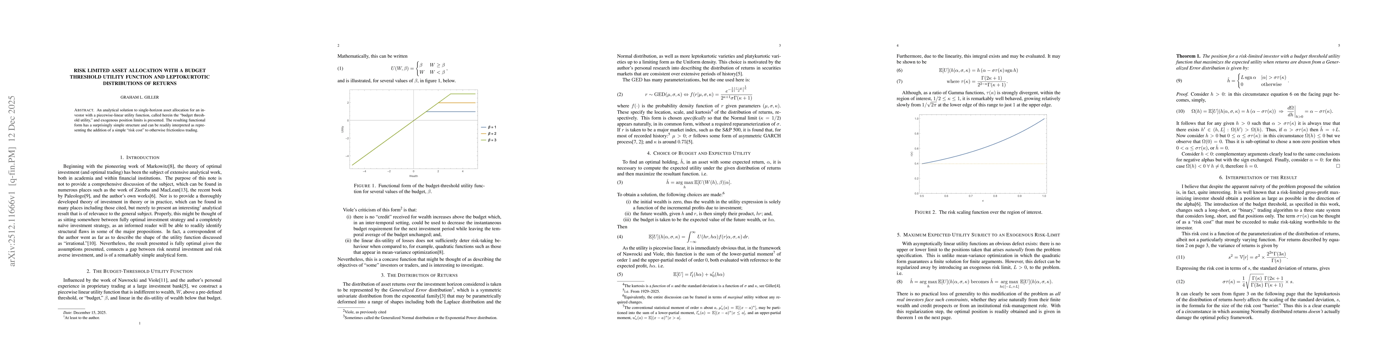Thumbnail for Risk Limited Asset Allocation with a Budget Threshold Utility Function and Leptokurtotic Distributions of Returns