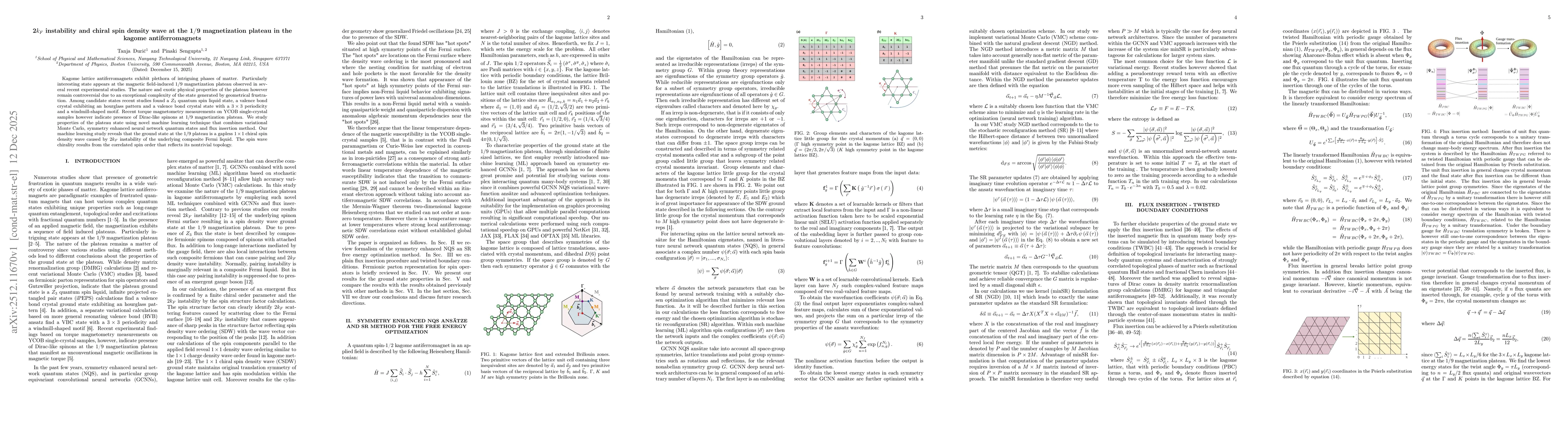 Thumbnail for 2$k_F$ instability and chiral spin density wave at the 1/9 magnetization plateau in the kagome antiferromagnets