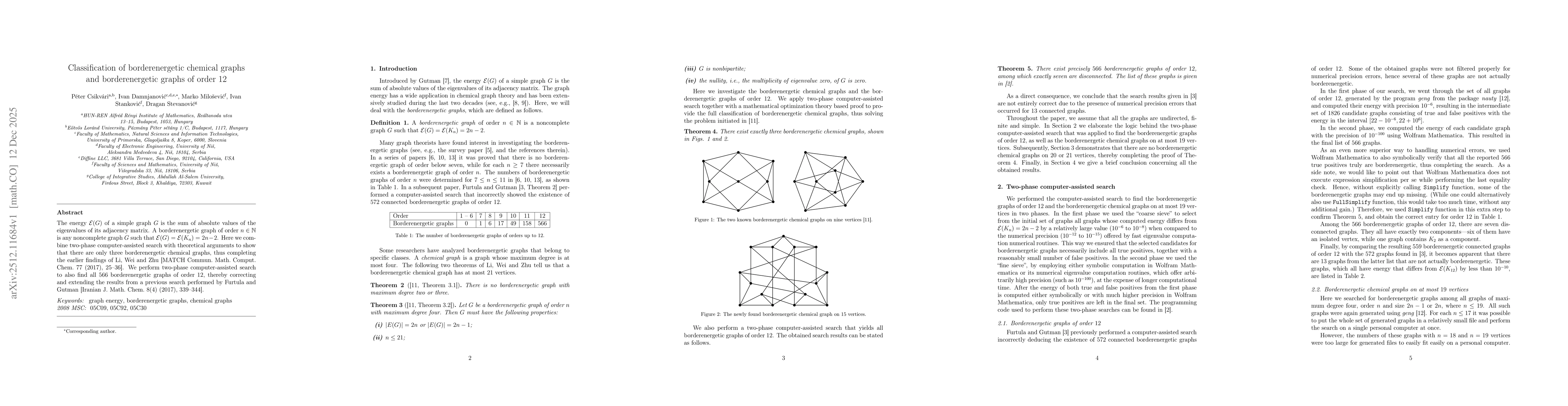 Thumbnail for Classification of borderenergetic chemical graphs and borderenergetic graphs of order 12