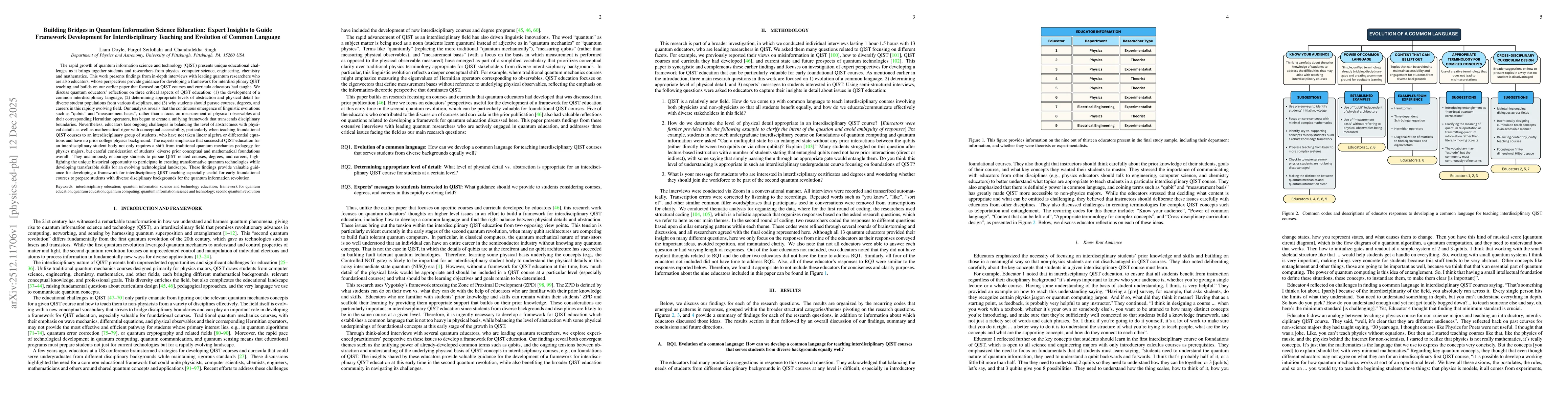 Thumbnail for Building Bridges in Quantum Information Science Education: Expert Insights to Guide Framework Development for Interdisciplinary Teaching and Evolution of Common Language