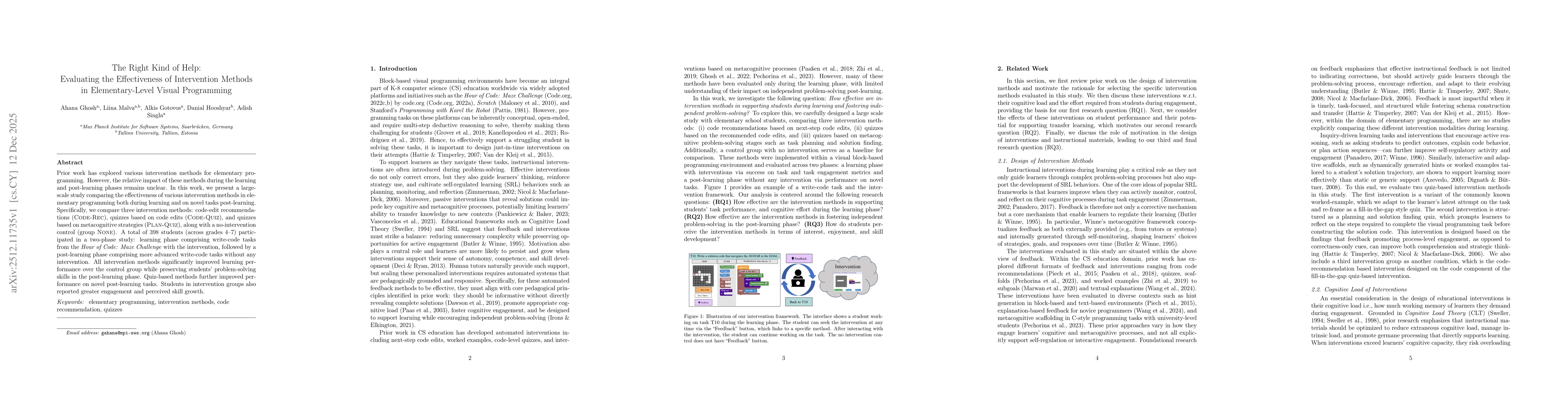 Thumbnail for The Right Kind of Help: Evaluating the Effectiveness of Intervention Methods in Elementary-Level Visual Programming