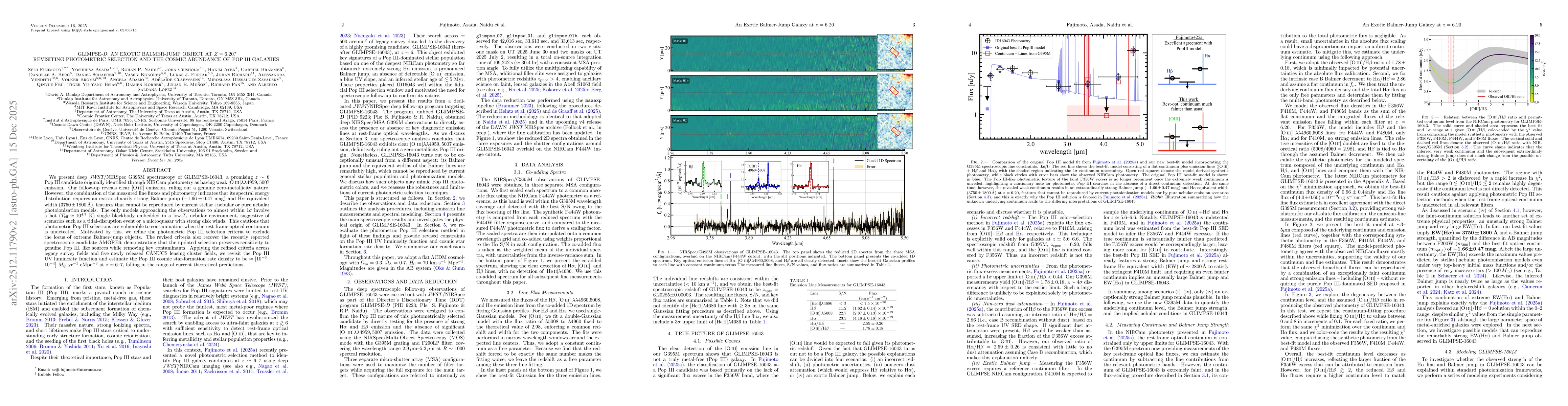 Thumbnail for GLIMPSE-D: An Exotic Balmer-Jump Object at z=6.20? Revisiting Photometric Selection and the Cosmic Abundance of Pop III Galaxies