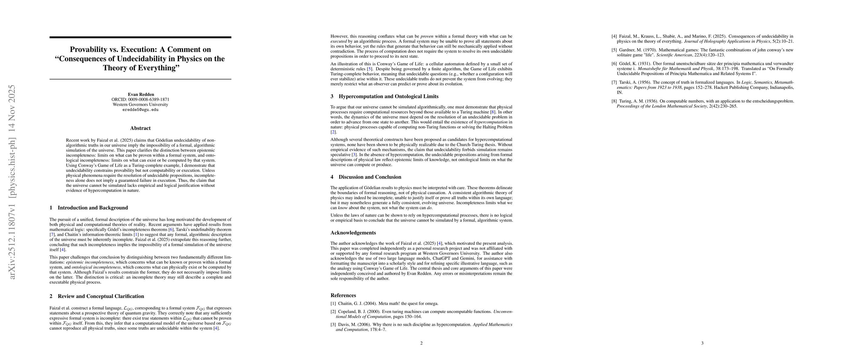 Thumbnail for Provability vs. Execution: A Comment on "Consequences of Undecidability in Physics on the Theory of Everything"