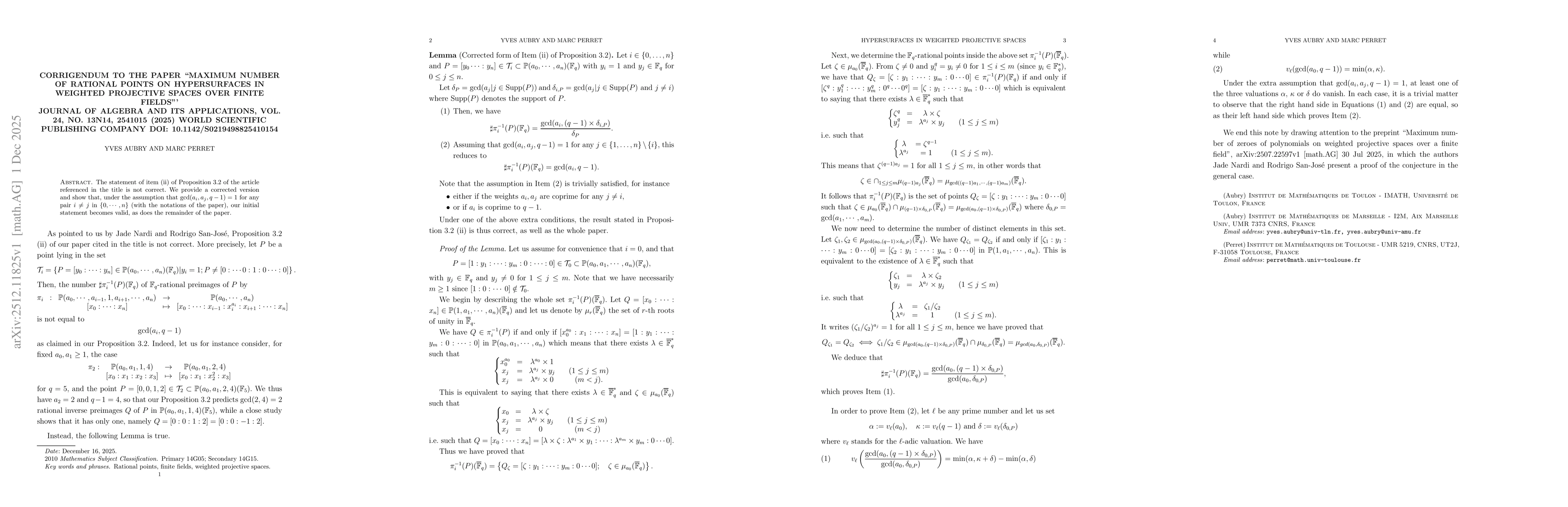 Thumbnail for Corrigendum to the paper "Maximum number of rational points on hypersurfaces in weighted projective spaces over finite fields", Journal of Algebra and Its Applications, Vol. 24, No. 13n14, 2541015(2025)