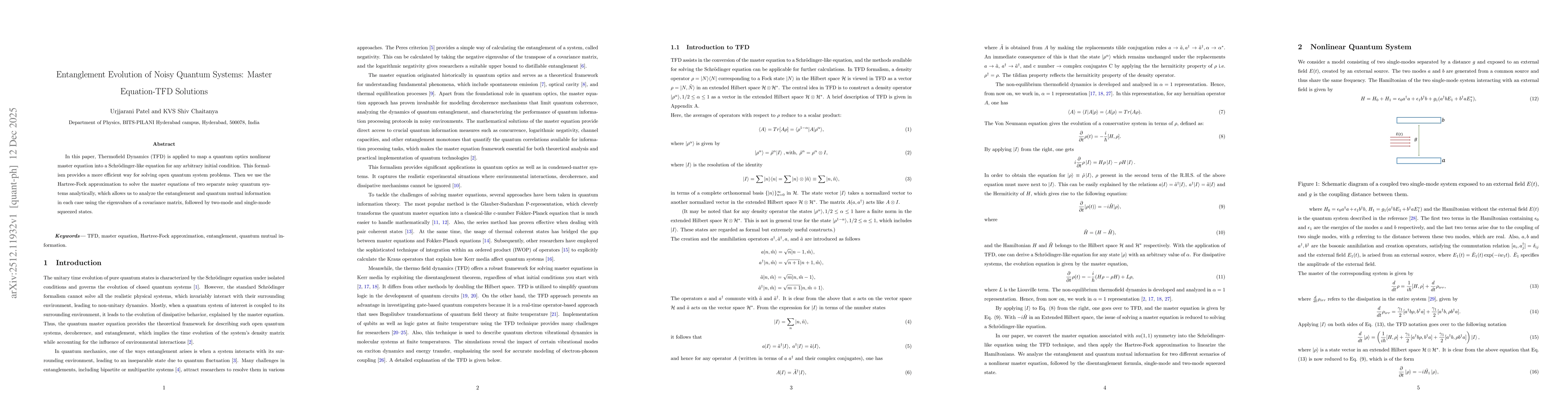 Thumbnail for Entanglement Evolution of Noisy Quantum Systems: Master Equation-TFD Solutions