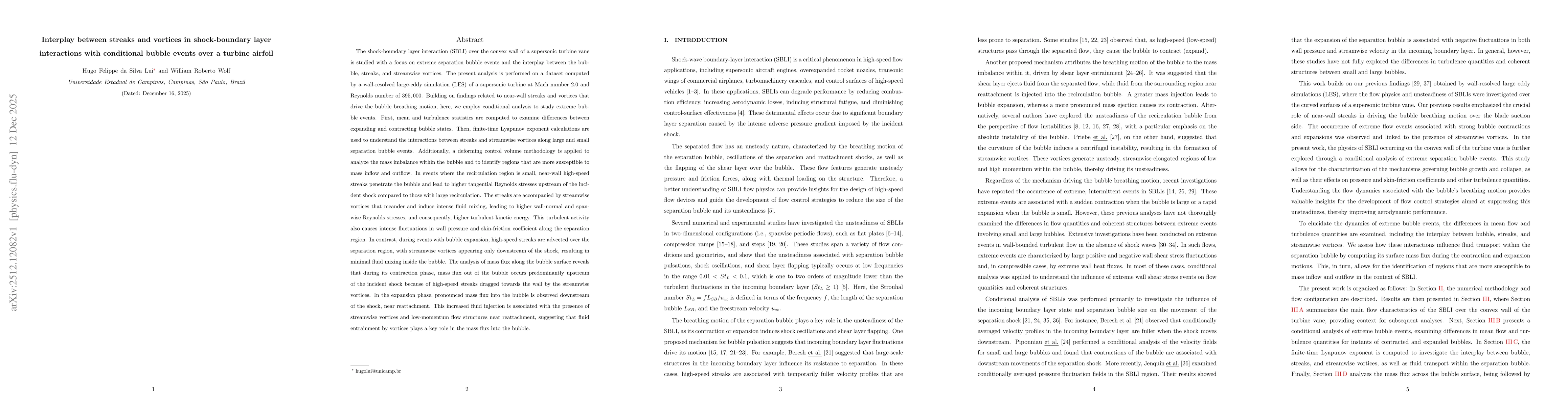 Thumbnail for Interplay between streaks and vortices in shock-boundary layer interactions with conditional bubble events over a turbine airfoil