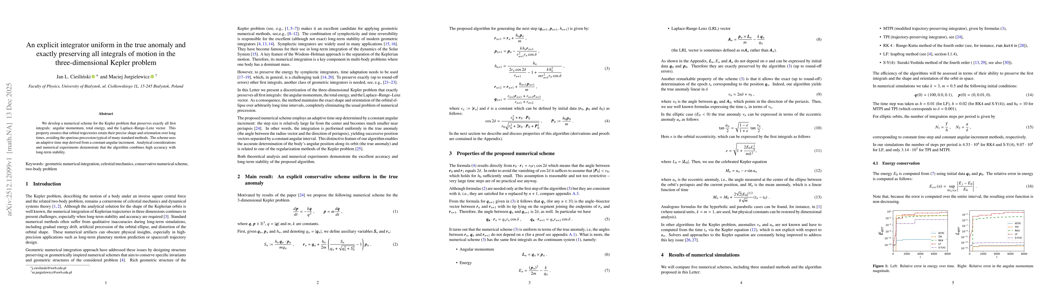 Thumbnail for An explicit integrator uniform in the true anomaly and exactly preserving all integrals of motion in the three-dimensional Kepler problem