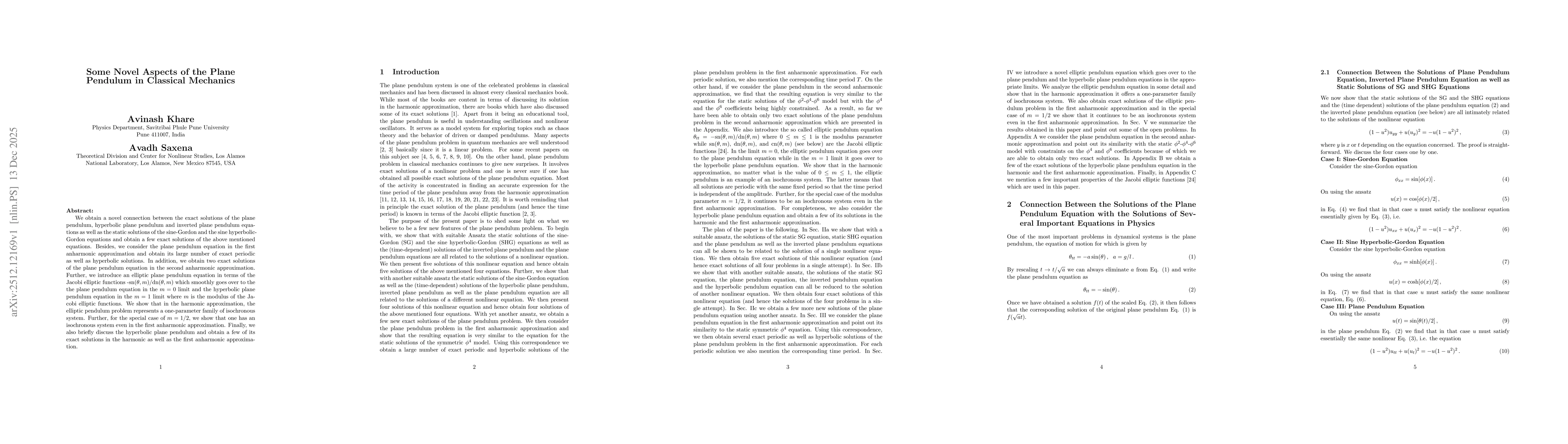 Thumbnail for Some Novel Aspects of the Plane Pendulum in Classical Mechanics