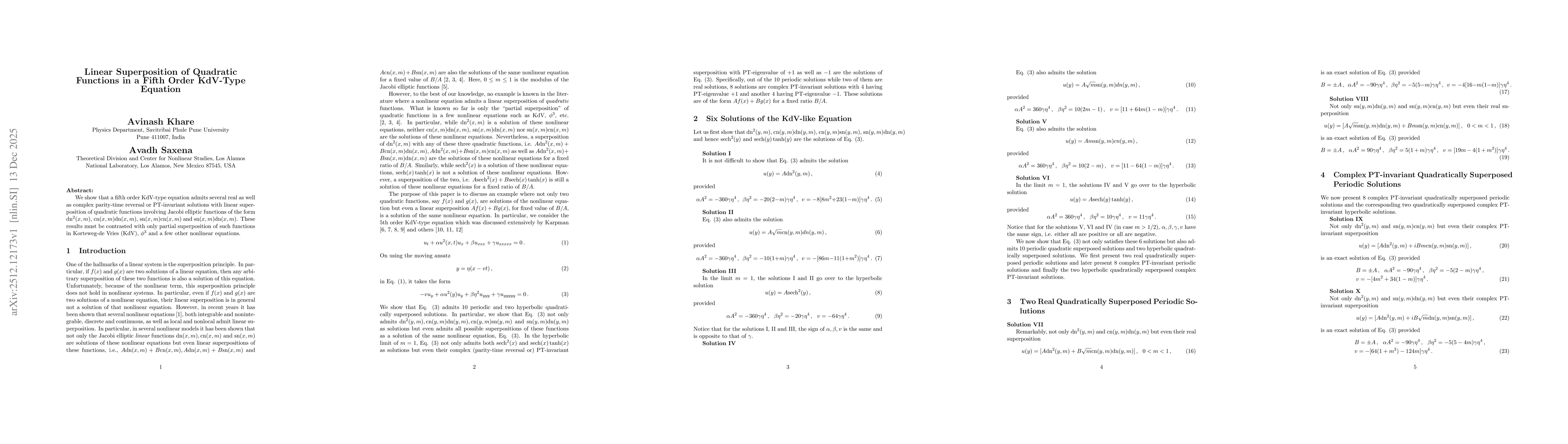 Thumbnail for Linear Superposition of Quadratic Functions in a Fifth Order KdV-Type Equation