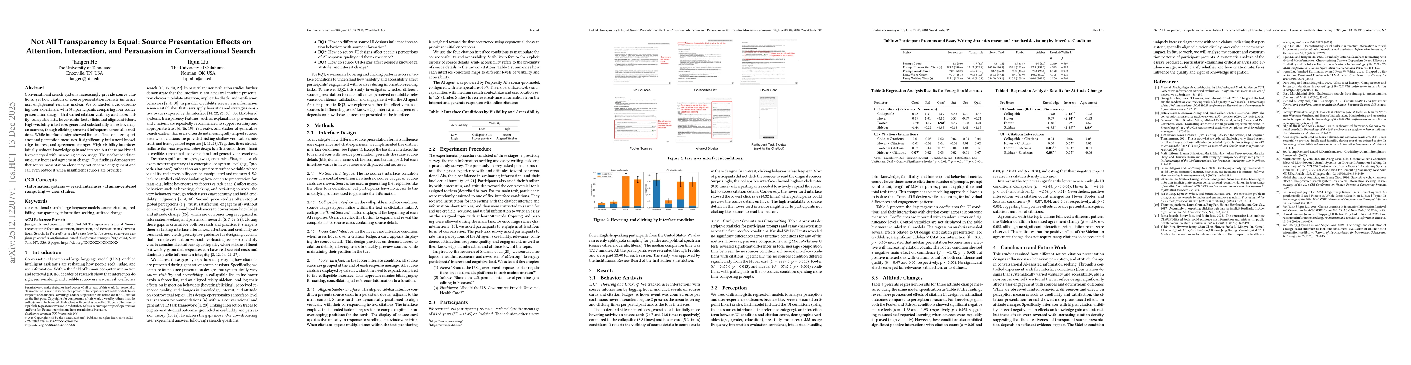 Thumbnail for Not All Transparency Is Equal: Source Presentation Effects on Attention, Interaction, and Persuasion in Conversational Search