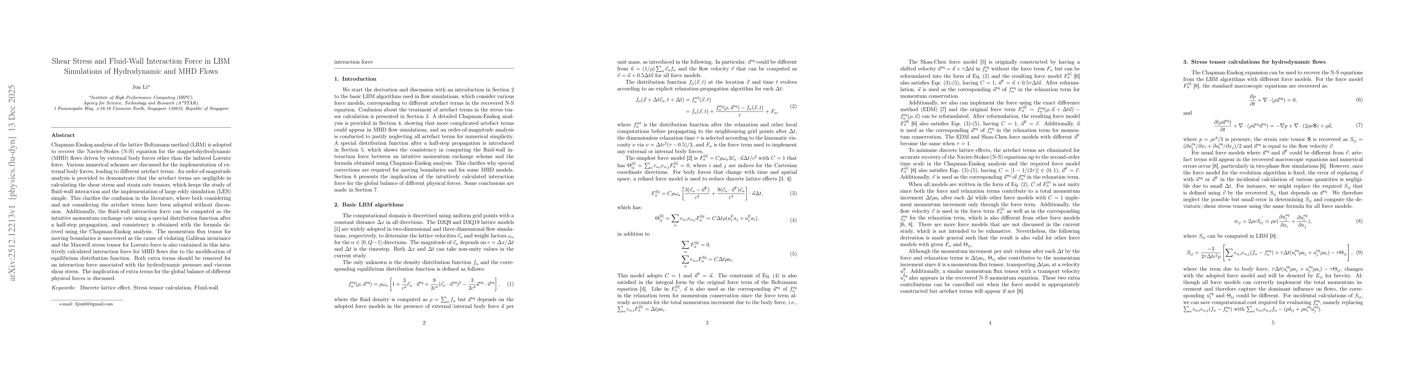 Thumbnail for Shear Stress and Fluid-Wall Interaction Force in LBM Simulations of Hydrodynamic and MHD Flows