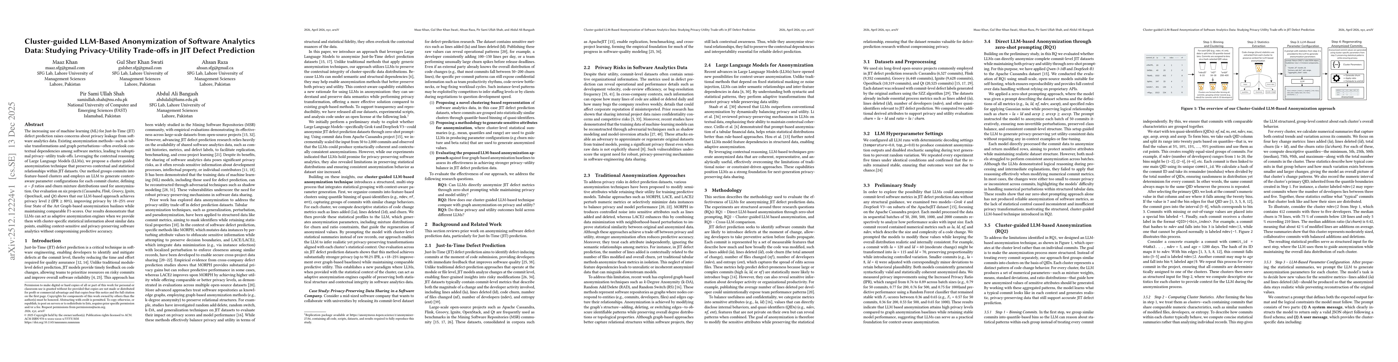 Thumbnail for Cluster-guided LLM-Based Anonymization of Software Analytics Data: Studying Privacy-Utility Trade-offs in JIT Defect Prediction