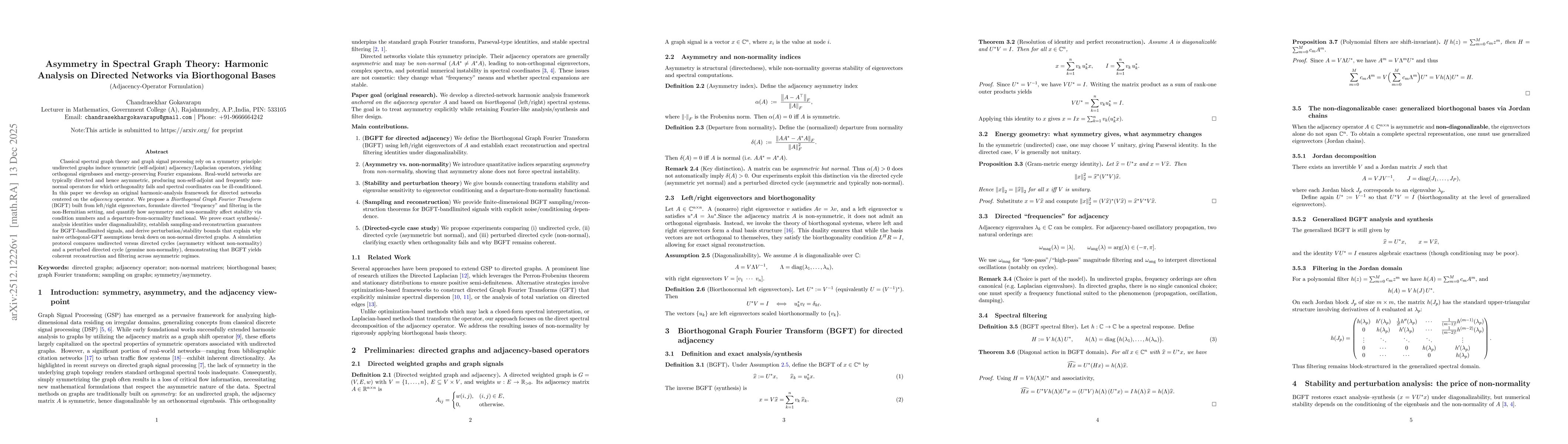 Thumbnail for Asymmetry in Spectral Graph Theory: Harmonic Analysis on Directed Networks via Biorthogonal Bases (Adjacency-Operator Formulation)