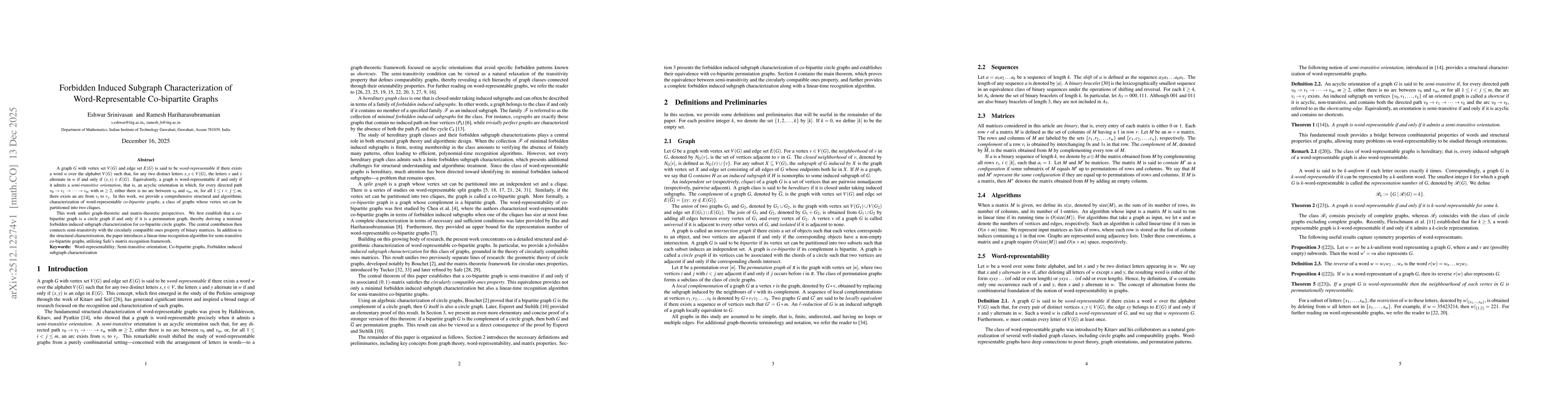 Thumbnail for Forbidden Induced Subgraph Characterization of Word-Representable Co-bipartite Graphs