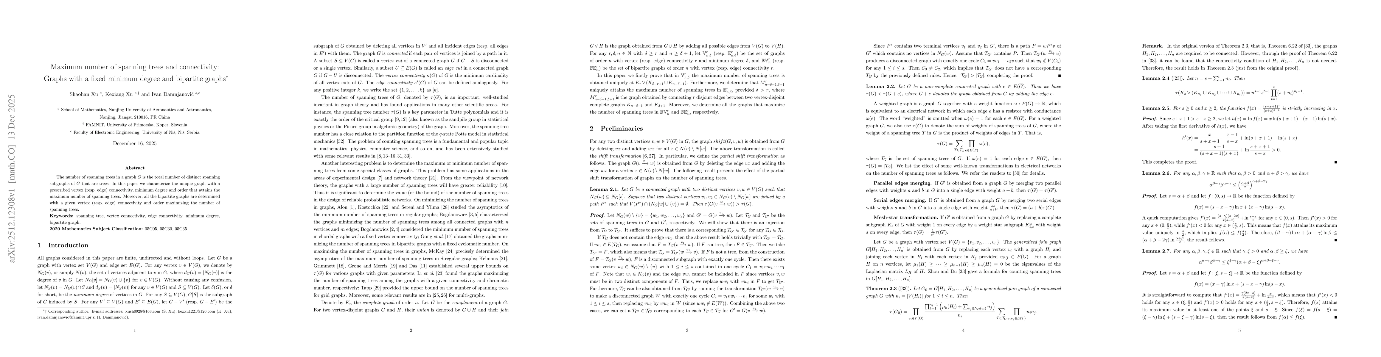 Thumbnail for Maximum number of spanning trees and connectivity: Graphs with a fixed minimum degree and bipartite graphs