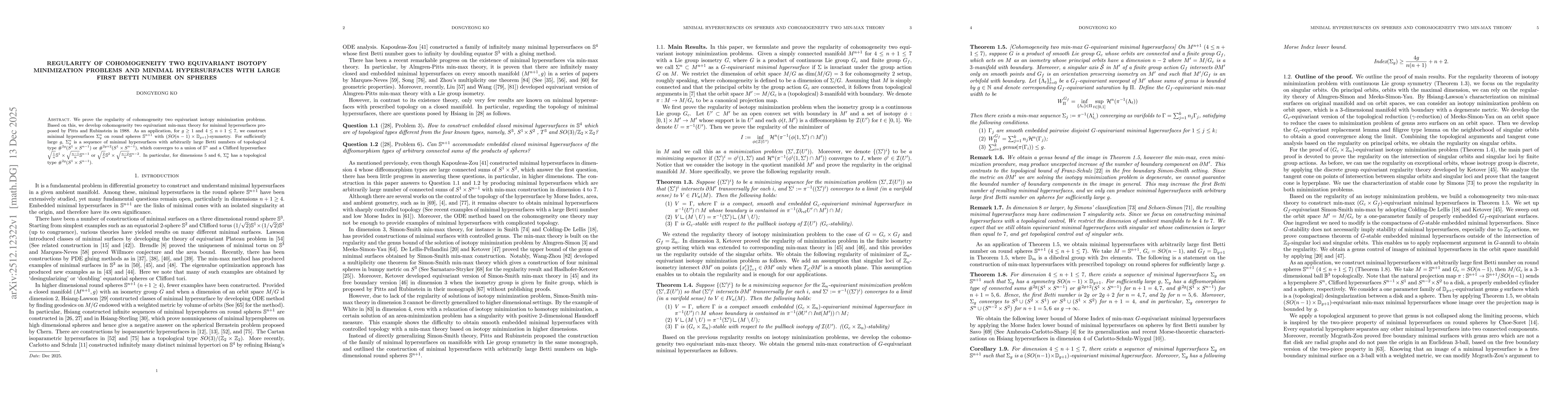 Thumbnail for Regularity of Cohomogeneity two equivariant isotopy minimization problems and minimal hypersurfaces with large first Betti number on spheres