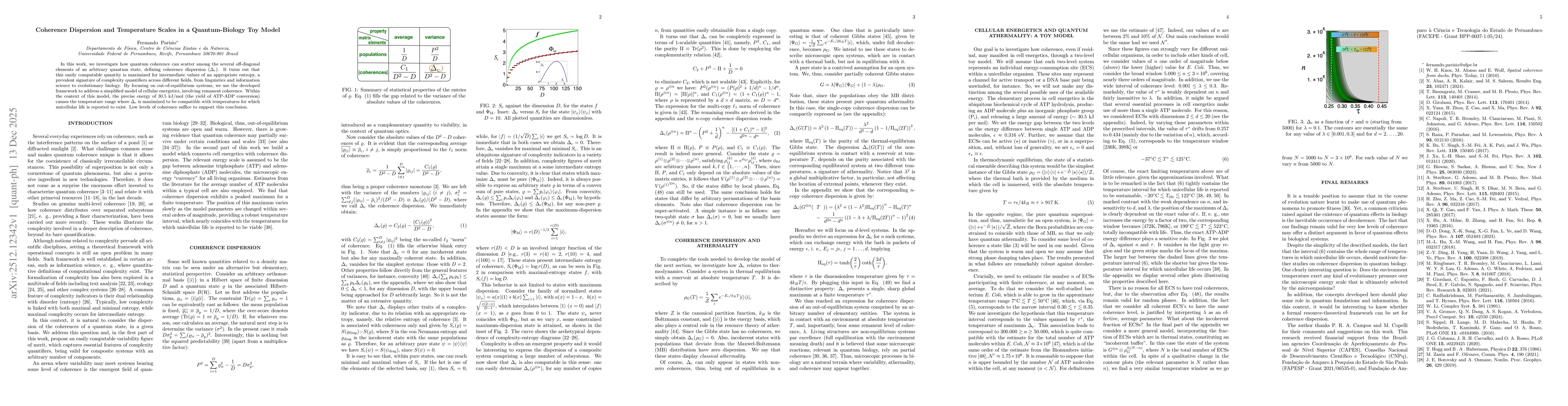 Thumbnail for Coherence Dispersion and Temperature Scales in a Quantum-Biology Toy Model