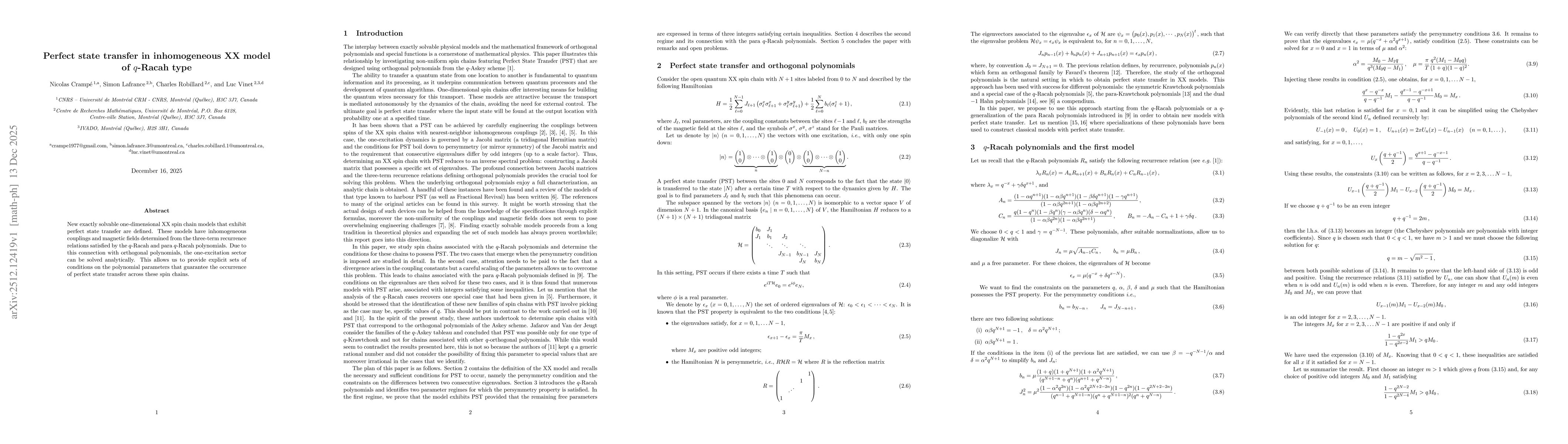 Thumbnail for Perfect state transfer in inhomogeneous XX model of q-Racah type