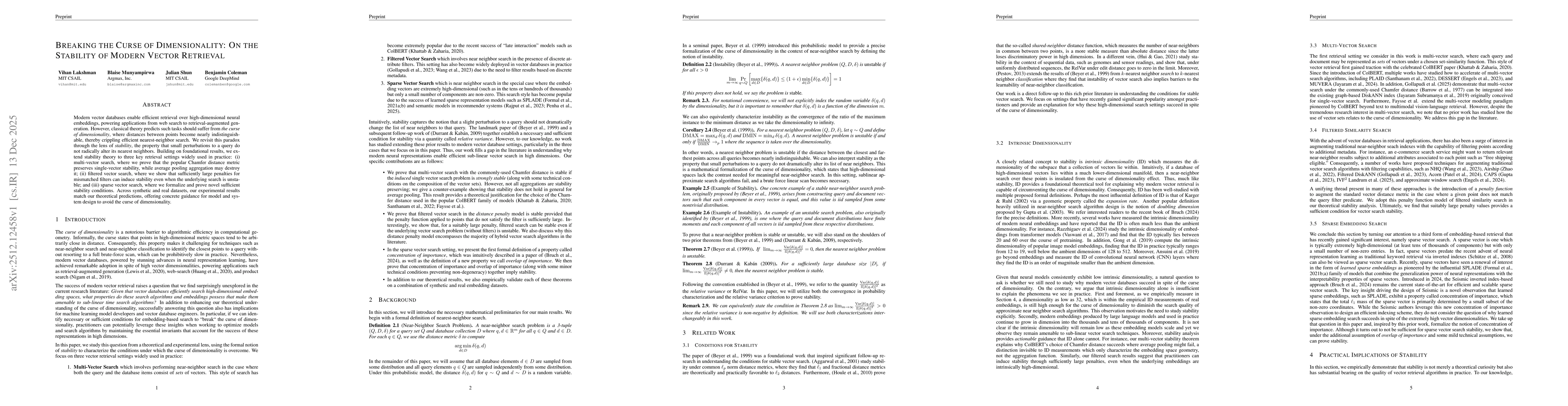 Thumbnail for Breaking the Curse of Dimensionality: On the Stability of Modern Vector Retrieval