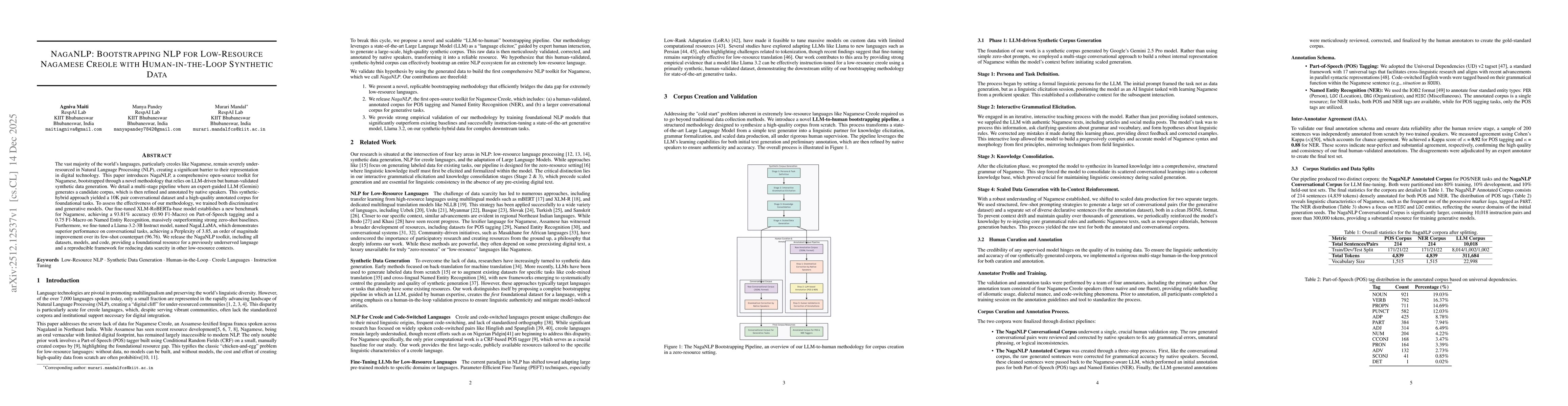 Thumbnail for NagaNLP: Bootstrapping NLP for Low-Resource Nagamese Creole with Human-in-the-Loop Synthetic Data