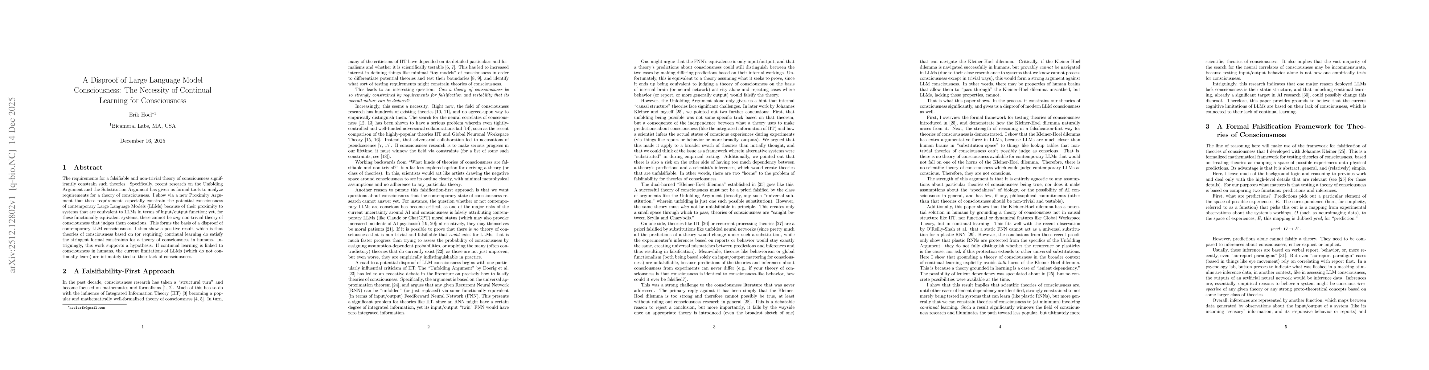 Thumbnail for A Disproof of Large Language Model Consciousness: The Necessity of Continual Learning for Consciousness