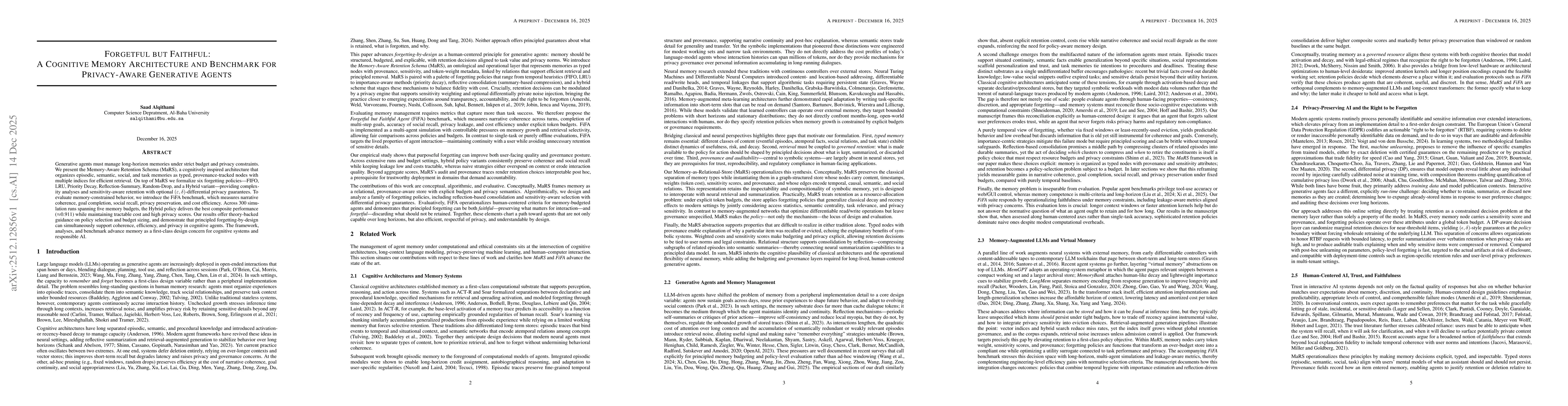 Thumbnail for Forgetful but Faithful: A Cognitive Memory Architecture and Benchmark for Privacy-Aware Generative Agents