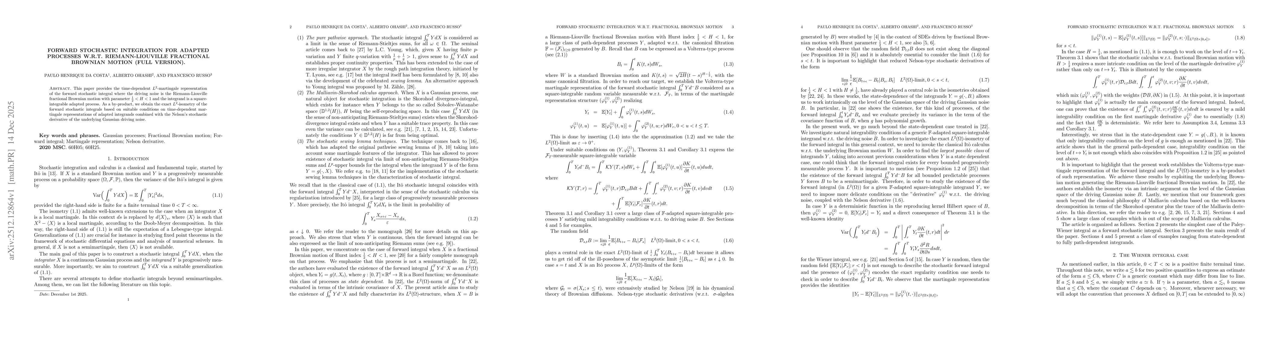 Thumbnail for Forward stochastic integration for adapted processes w.r.t. Riemann-Liouville fractional Brownian motion (Full version)