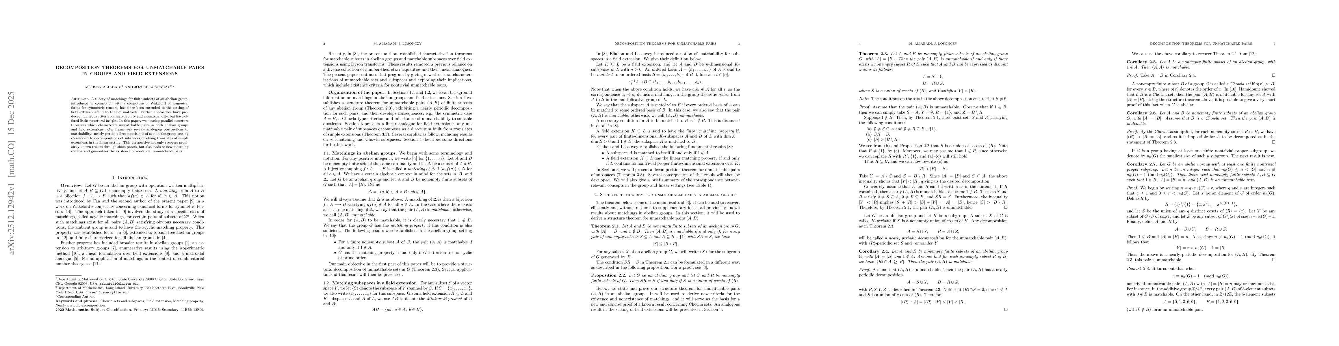Thumbnail for Decomposition theorems for unmatchable pairs in groups and field extensions