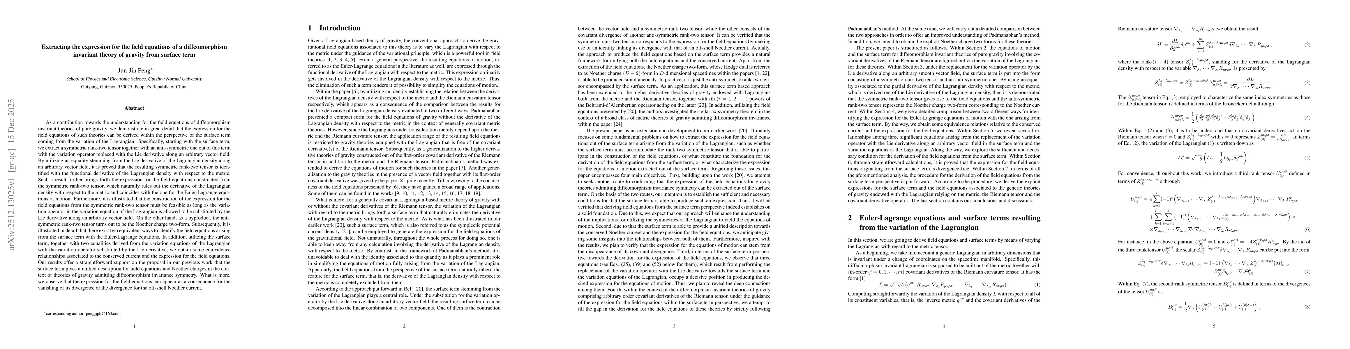 Thumbnail for Extracting the expression for the field equations of a diffeomorphism invariant theory of gravity from surface term