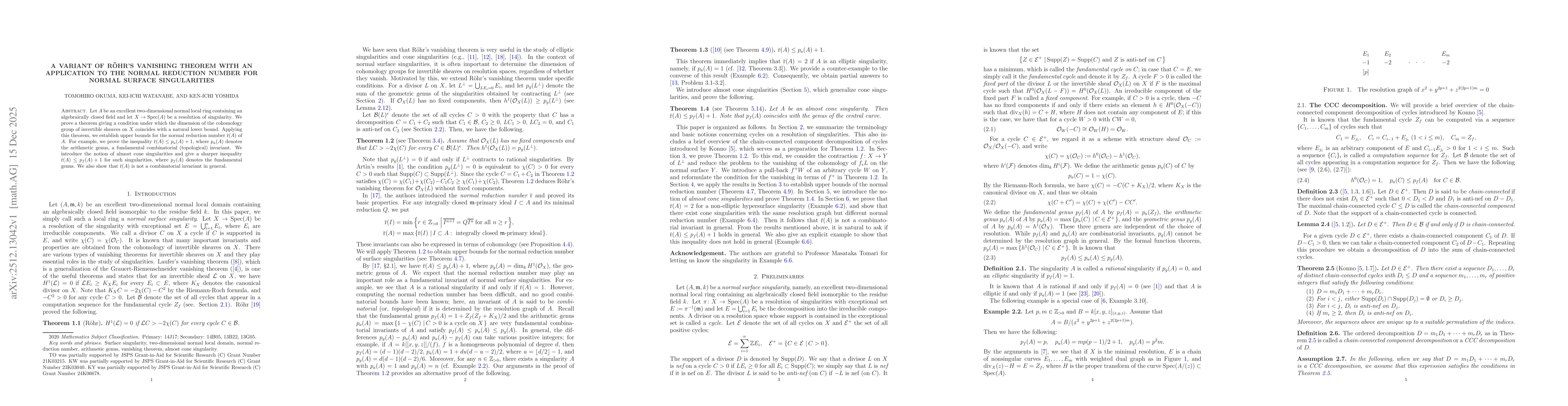 Thumbnail for A variant of R{ö}hr's vanishing theorem with an application to the normal reduction number for normal surface singularities