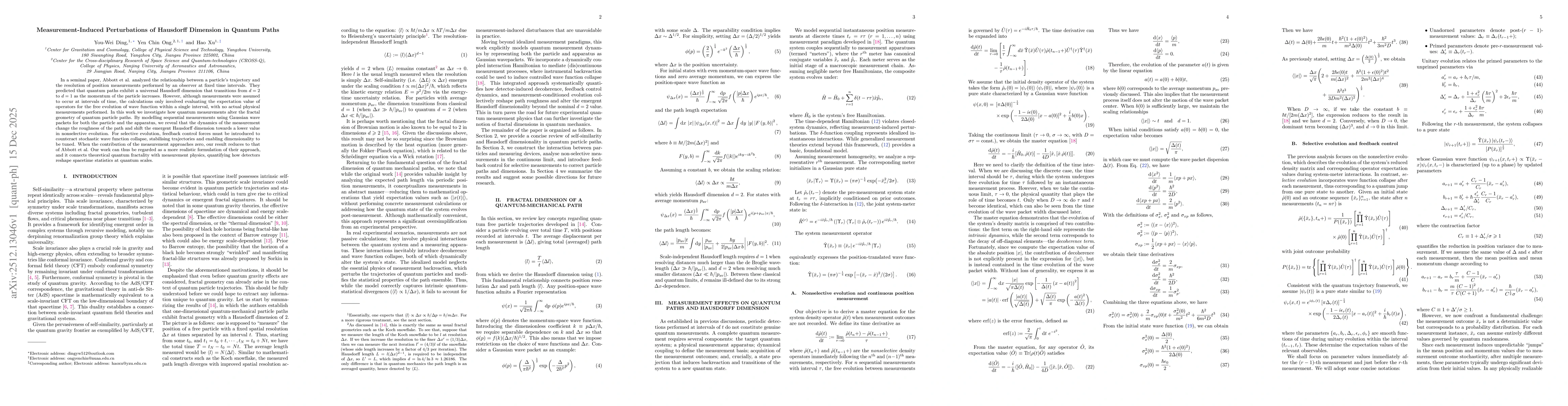 Thumbnail for Measurement-Induced Perturbations of Hausdorff Dimension in Quantum Paths