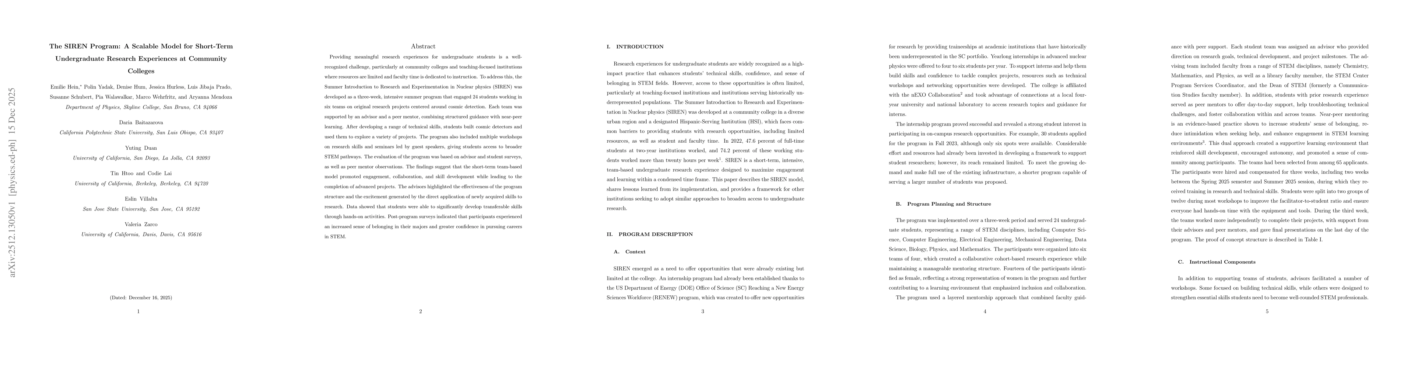 Thumbnail for The SIREN Program: A Scalable Model for Short-Term Undergraduate Research Experiences at Community Colleges