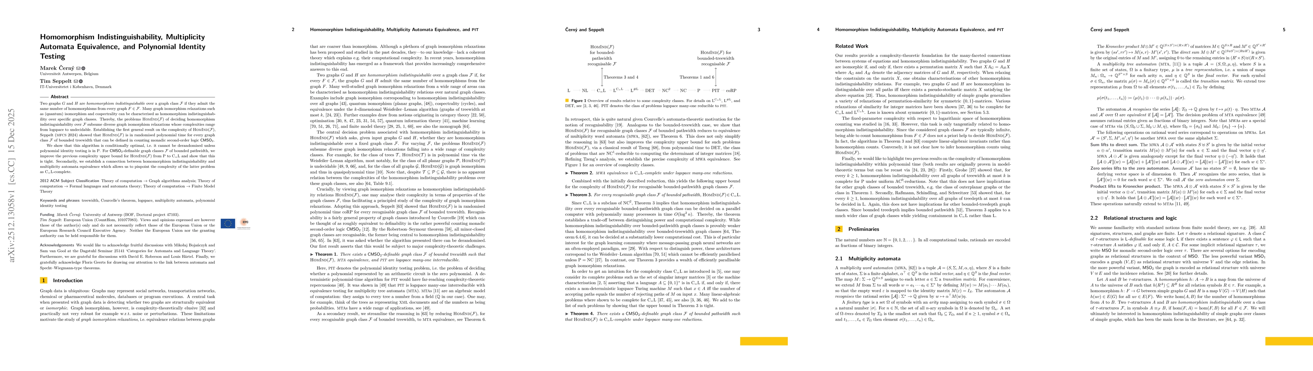 Thumbnail for Homomorphism Indistinguishability, Multiplicity Automata Equivalence, and Polynomial Identity Testing