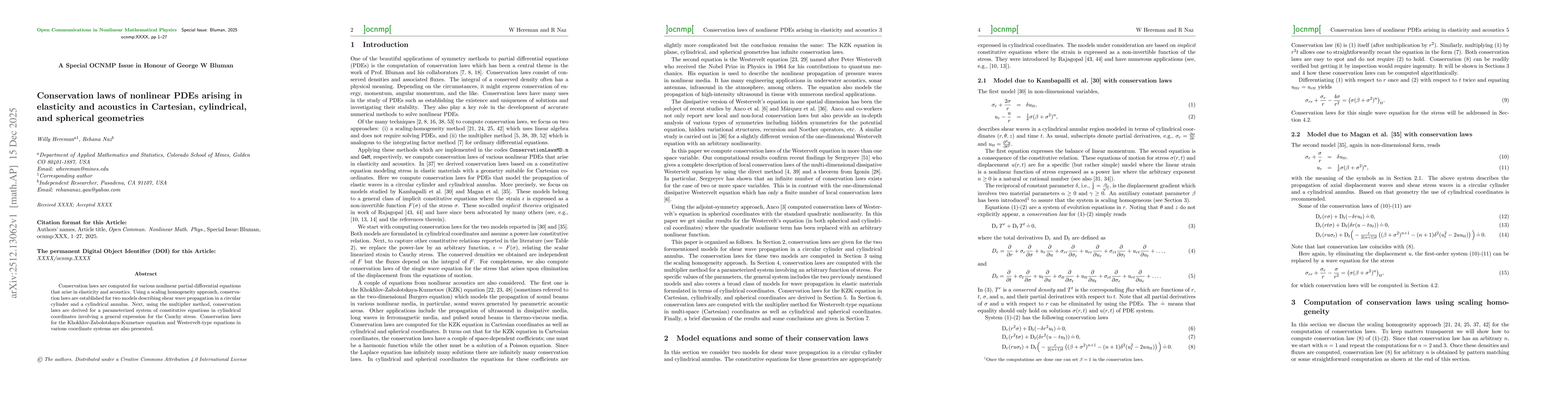 Thumbnail for Conservation laws of nonlinear PDEs arising in elasticity and acoustics in Cartesian, cylindrical, and spherical geometries