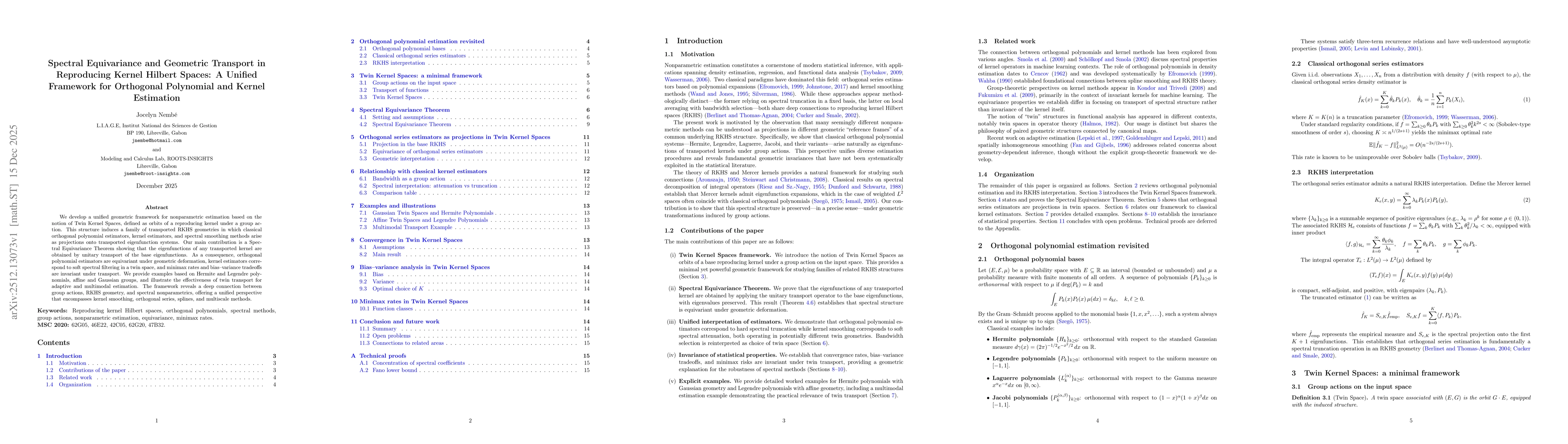 Thumbnail for Spectral Equivariance and Geometric Transport in Reproducing Kernel Hilbert Spaces: A Unified Framework for Orthogonal Polynomial and Kernel Estimation
