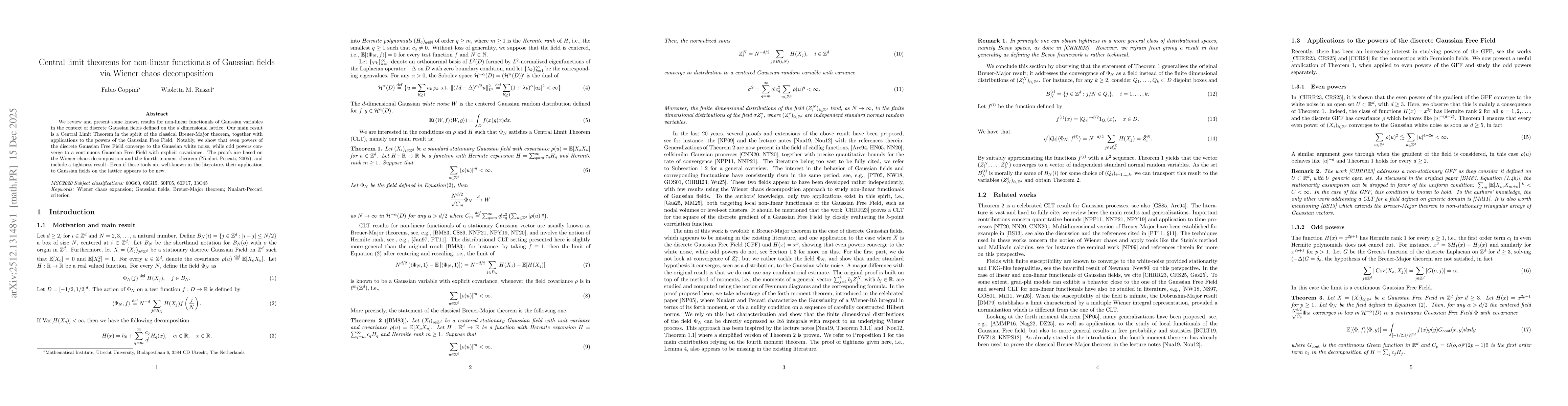 Thumbnail for Central limit theorems for non-linear functionals of Gaussian fields via Wiener chaos decomposition