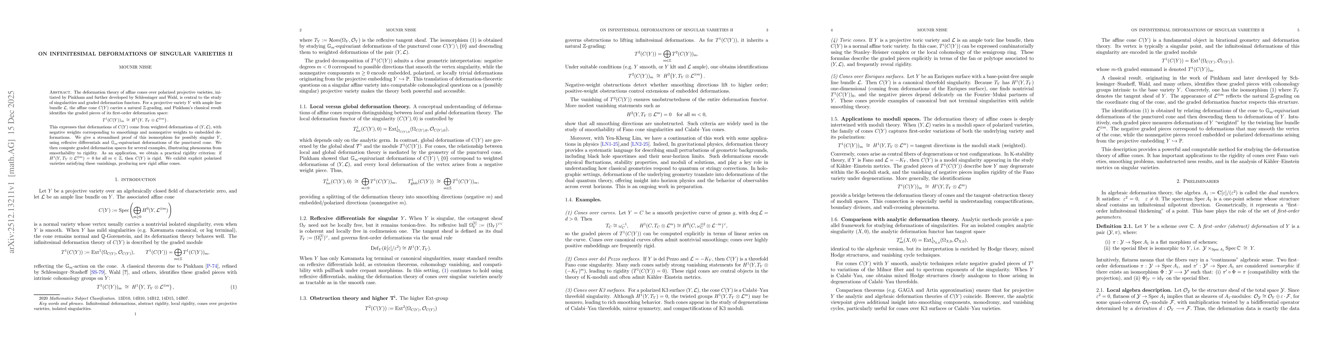 Thumbnail for On infinitesimal deformations of singular varieties II