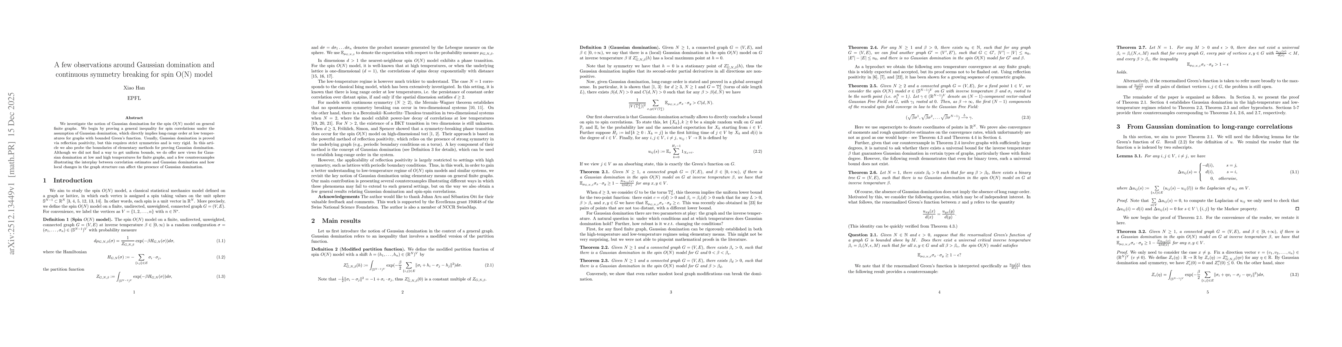 Thumbnail for A few observations around Gaussian domination and continuous symmetry breaking for spin O(N) model