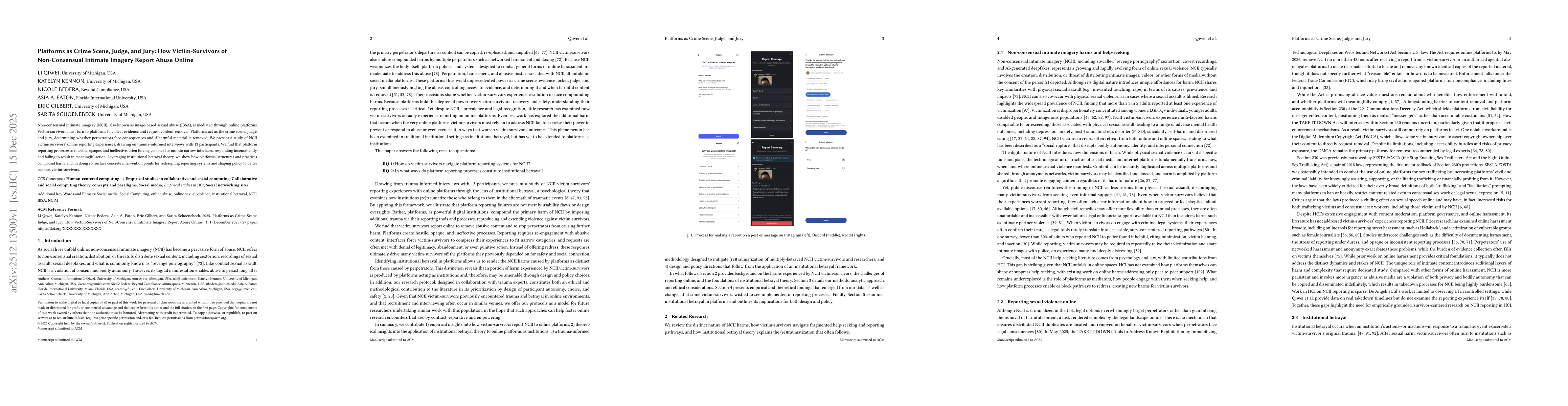 Thumbnail for Platforms as Crime Scene, Judge, and Jury: How Victim-Survivors of Non-Consensual Intimate Imagery Report Abuse Online