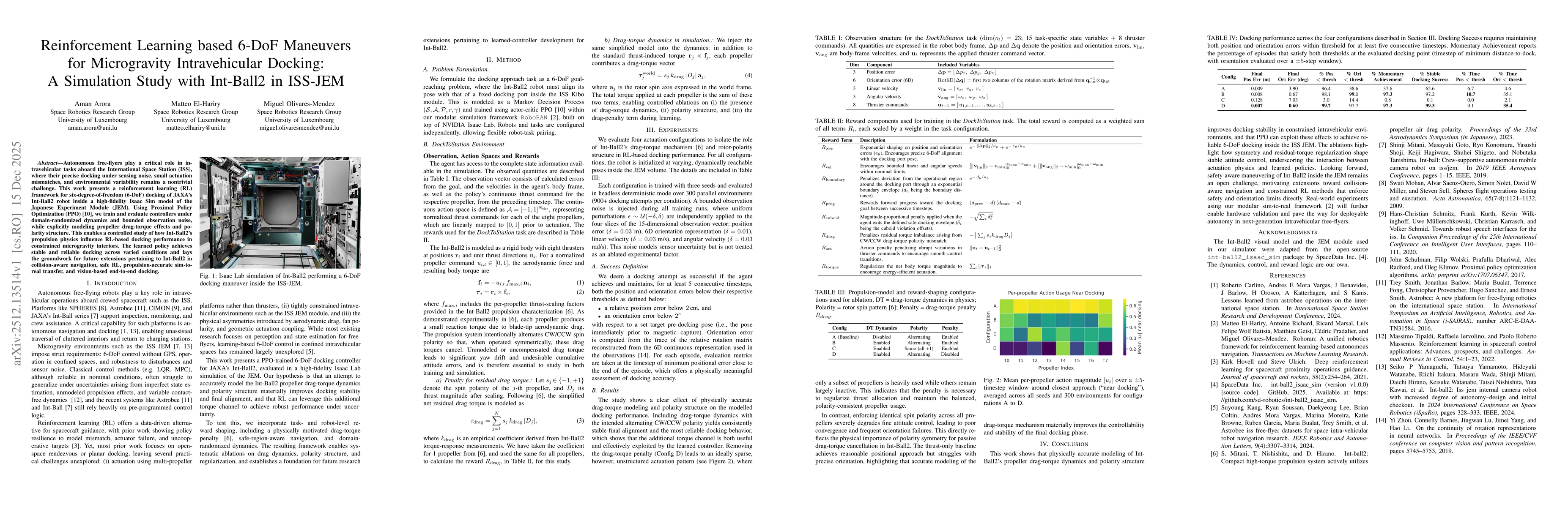 Thumbnail for Reinforcement Learning based 6-DoF Maneuvers for Microgravity Intravehicular Docking: A Simulation Study with Int-Ball2 in ISS-JEM