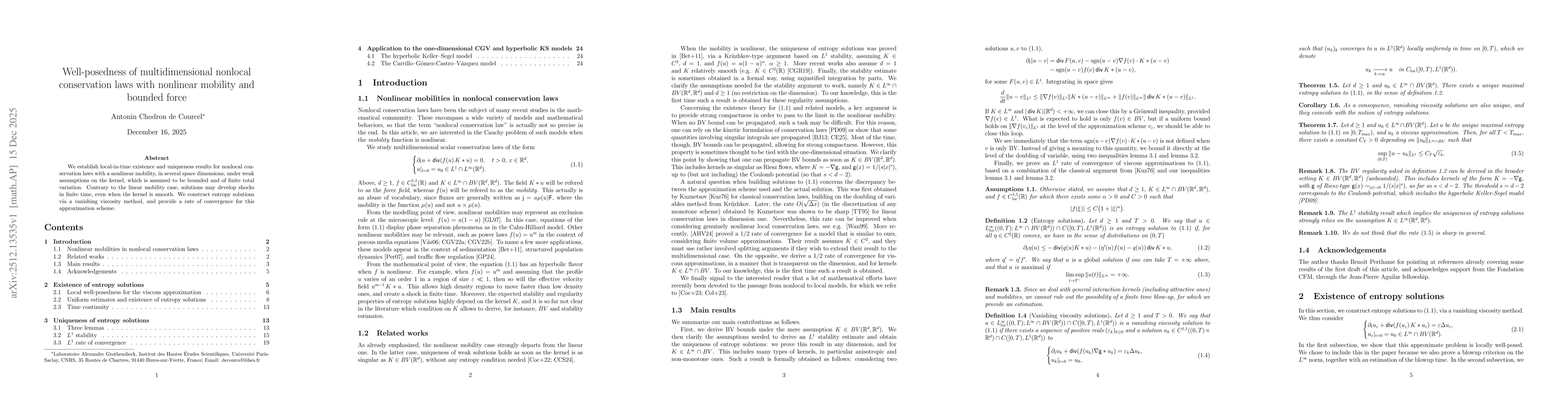 Thumbnail for Well-posedness of multidimensional nonlocal conservation laws with nonlinear mobility and bounded force