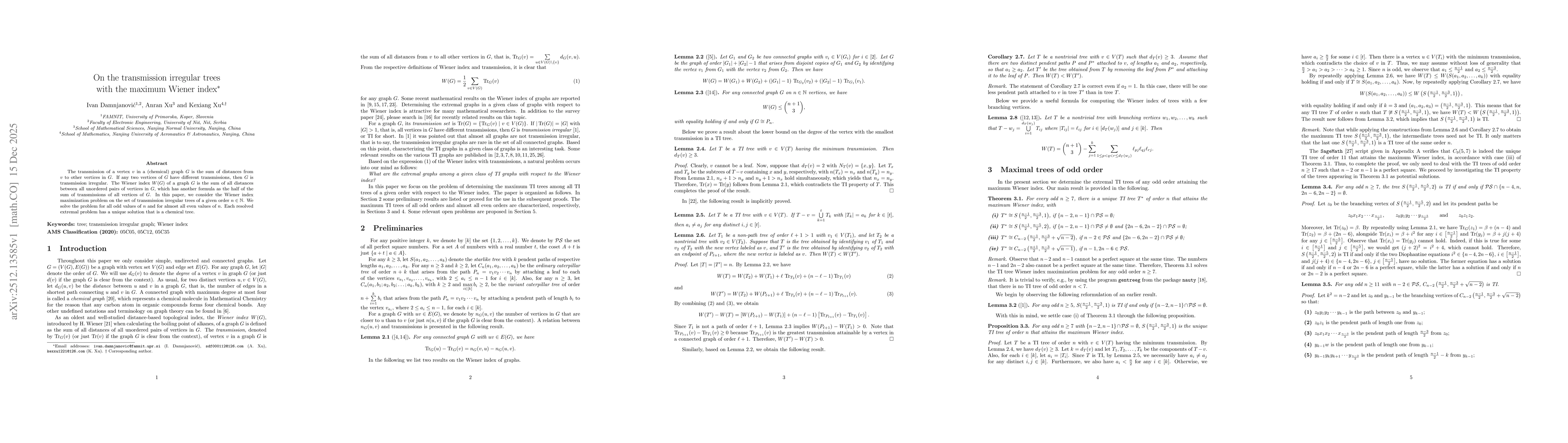 Thumbnail for On the transmission irregular trees with the maximum Wiener index