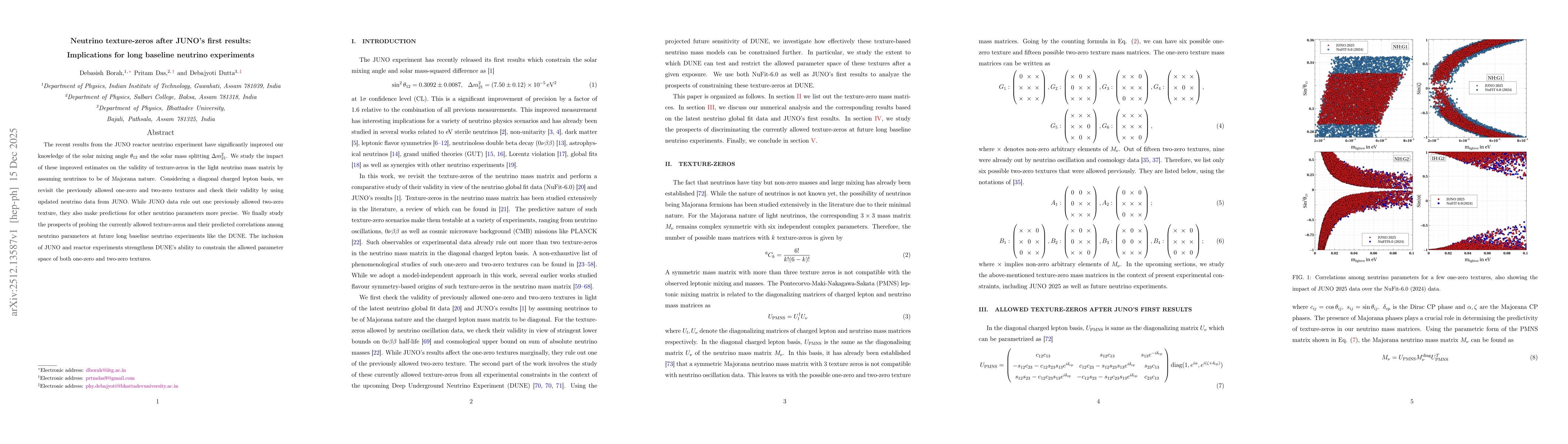 Thumbnail for Neutrino texture-zeros after JUNO's first results: Implications for long baseline neutrino experiments
