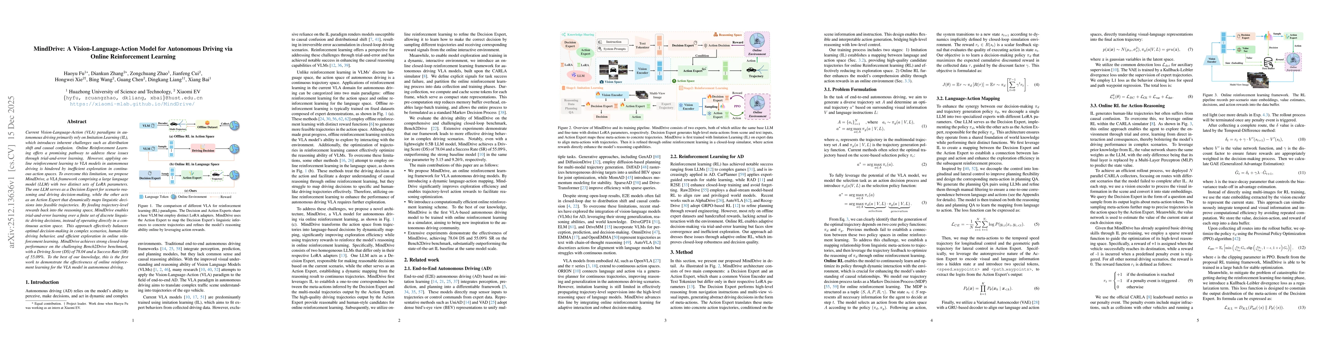 Thumbnail for MindDrive: A Vision-Language-Action Model for Autonomous Driving via Online Reinforcement Learning