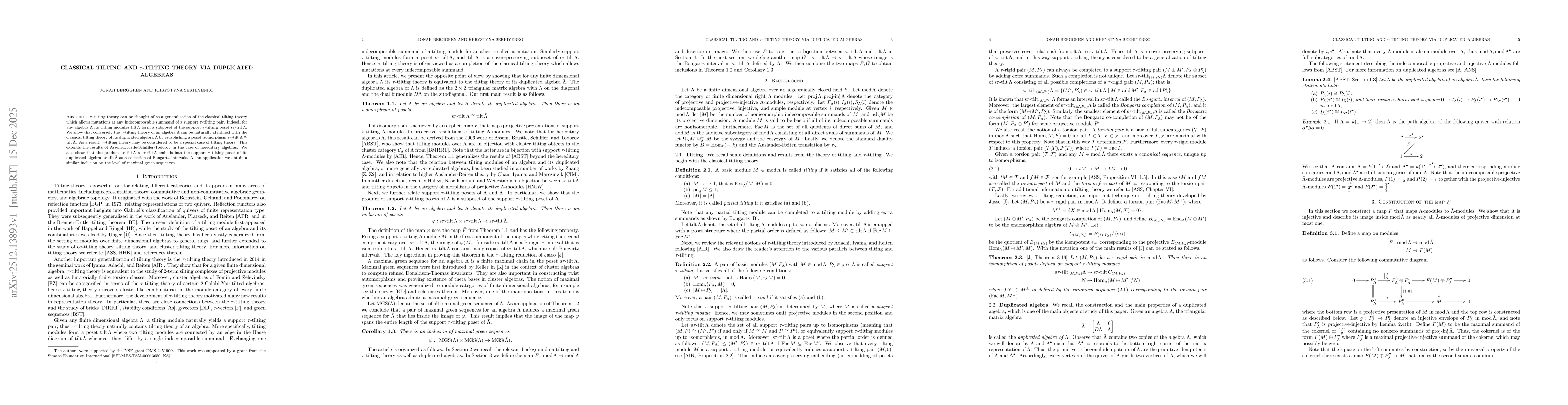 Thumbnail for Classical tilting and $τ$-tilting theory via duplicated algebras