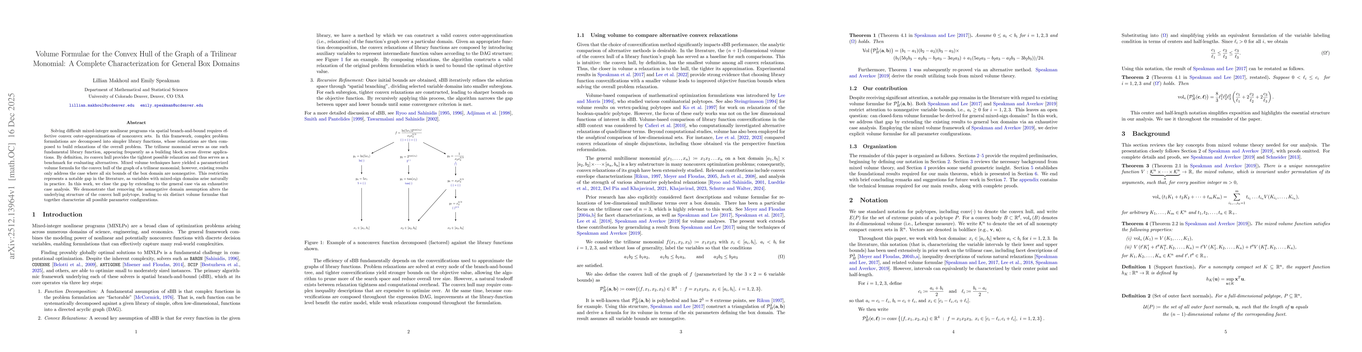 Thumbnail for Volume Formulae for the Convex Hull of the Graph of a Trilinear Monomial: A Complete Characterization for General Box Domains