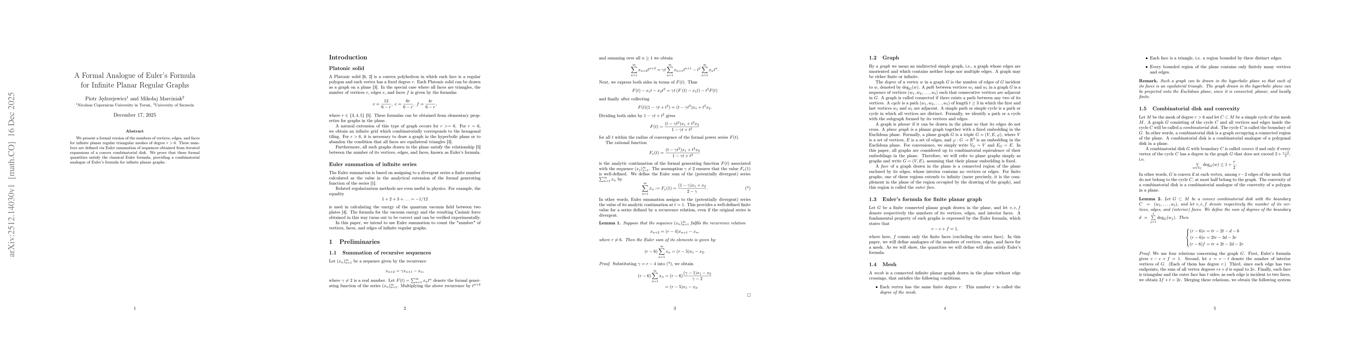 Thumbnail for A Formal Analogue of Euler's Formula for Infinite Planar Regular Graphs