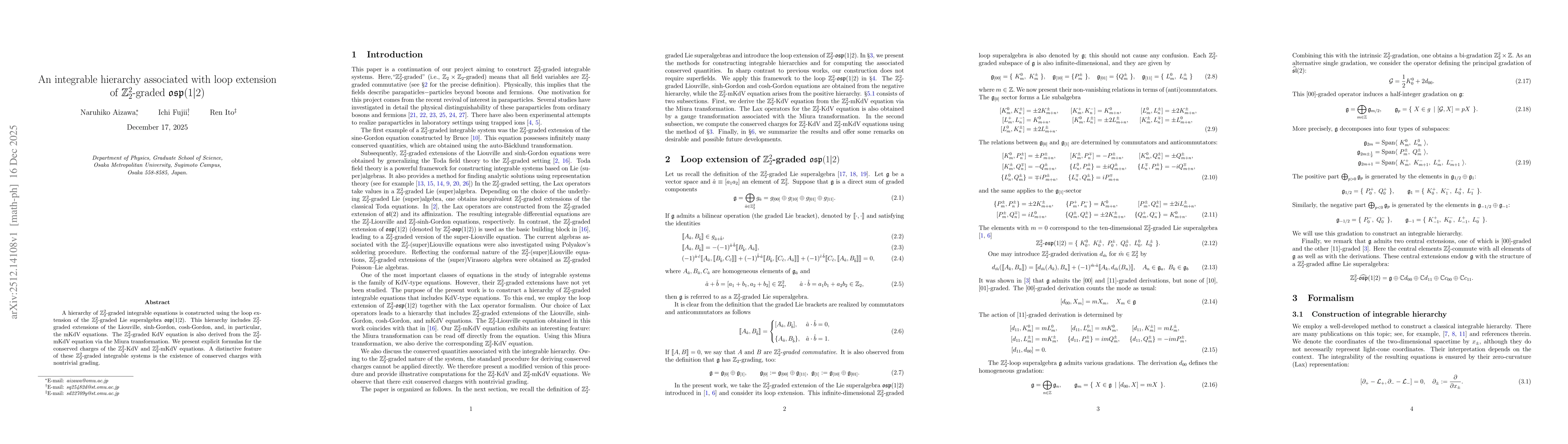 Thumbnail for An integrable hierarchy associated with loop extension of $\mathbb{Z}_2^2$-graded $\mathfrak{osp}(1|2)$