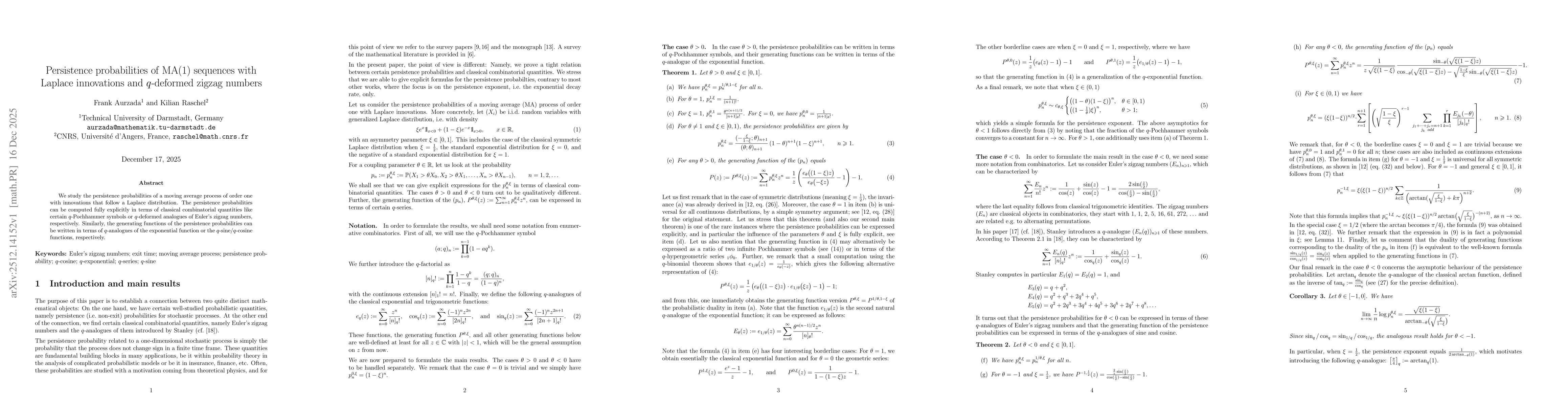 Thumbnail for Persistence probabilities of MA(1) sequences with Laplace innovations and $q$-deformed zigzag numbers